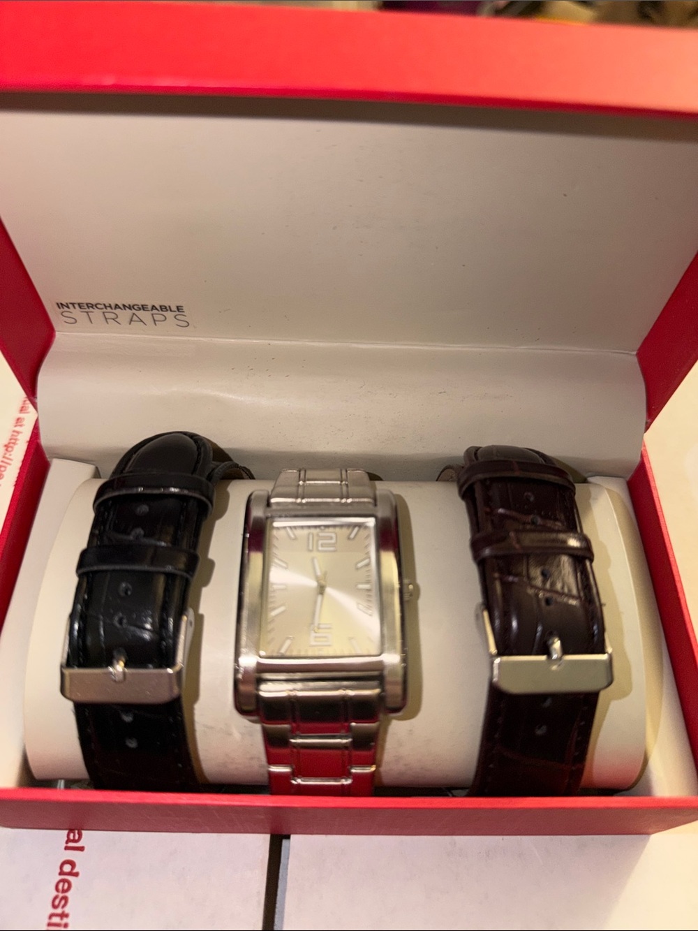 Silver Rectangular Face Watch with Interchangeable Black and Brown Straps - Picture 1 of 2